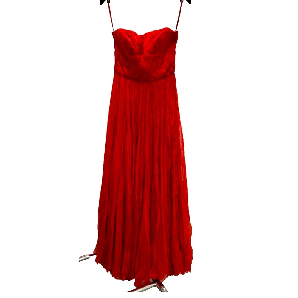 1950’S LINED RED SILK CHIFFON DRESS WITH BONES GRECIAN ACCORDION PLEAT
